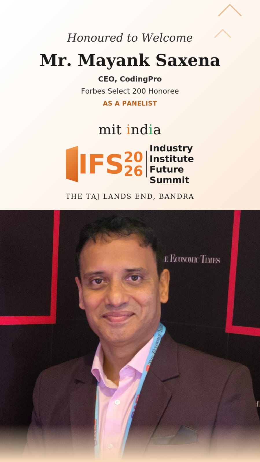 Invitation graphic welcoming Mayank Saxena as a panelist at MIT India IFS 2026, Taj Lands End